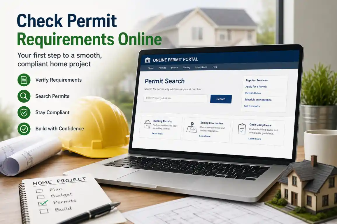 Homeowner checking building permit requirements online with permit forms, zoning information, and construction plans.