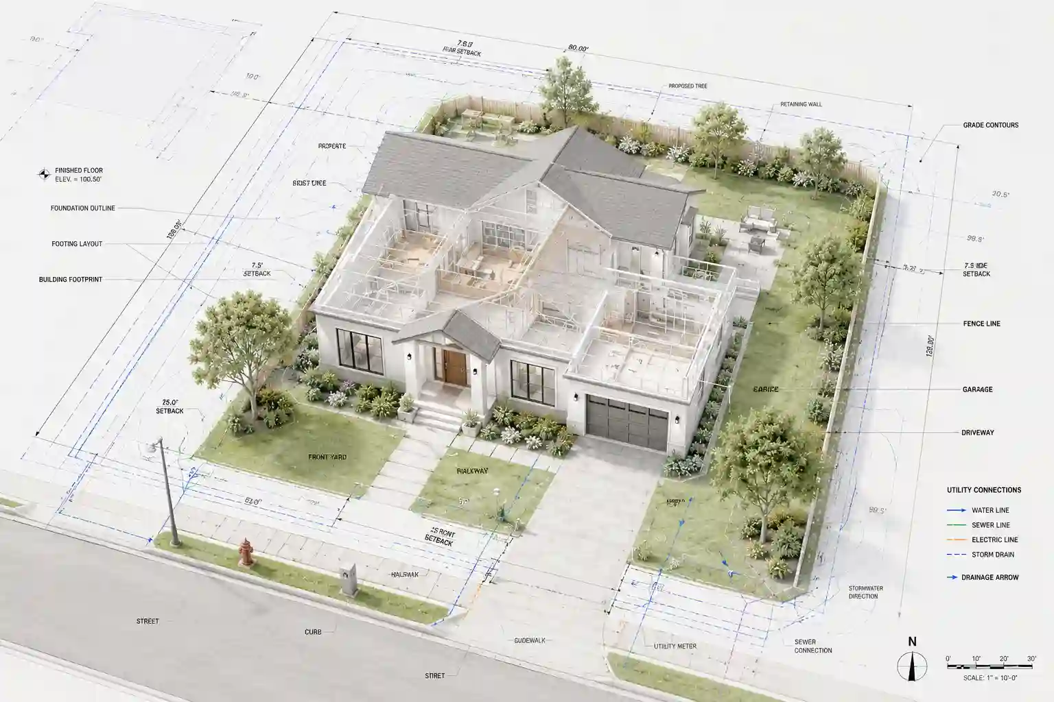 New Home Construction Site Plan showing a house under construction, architectural site plans, an excavator, and permit documents for residential building.