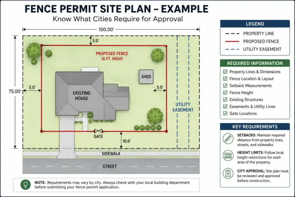 Fence permit site plan example showing property lines, fence layout, setbacks, and city approval requirements diagram