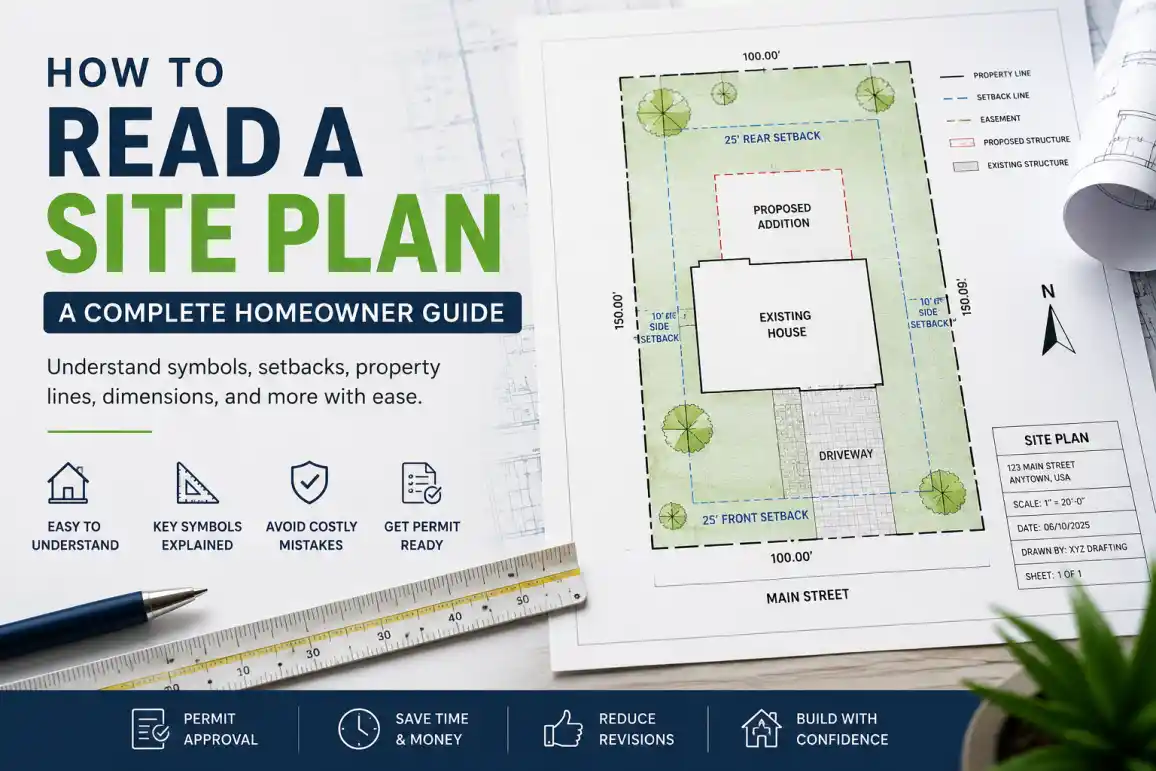 Infographic showing how to read a site plan with labeled property lines, setbacks, structures, symbols, and a sample residential plot drawing for homeowners and permit applications.