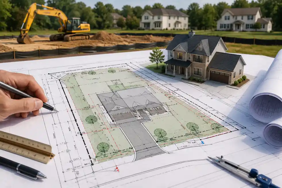 New home construction site plan showing architectural drawings, house layout, property boundaries, and construction planning for permit approval.