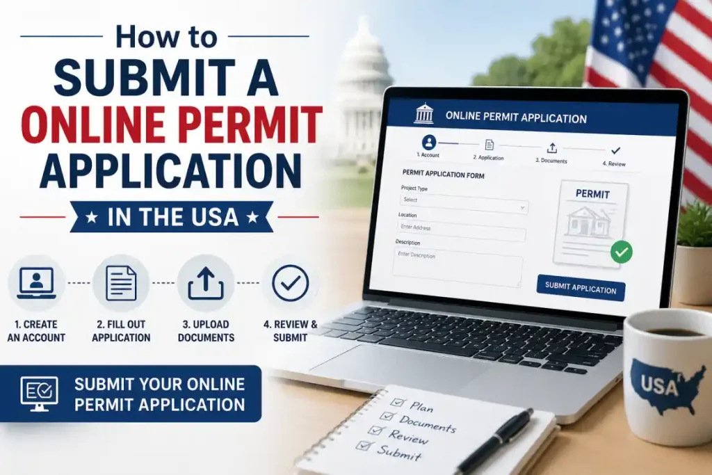 Person submitting an online permit application in the USA using a laptop, showing the permit submission process including account creation, application form completion, document upload, and final review.