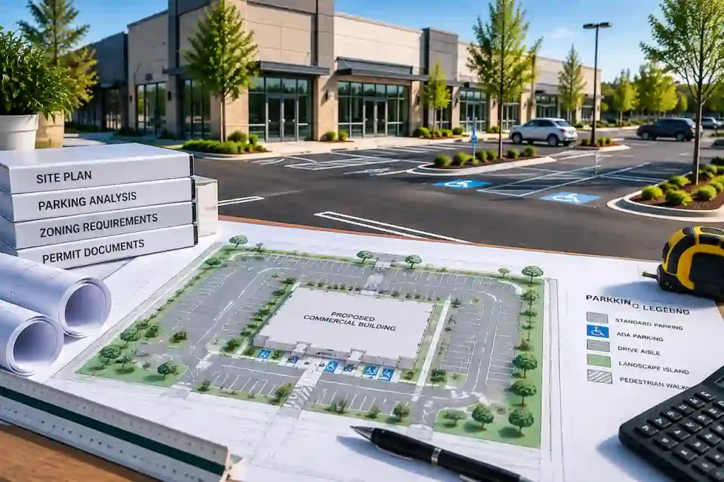 Commercial development parking standards shown with site plan, ADA spaces, parking layout, and permit documents