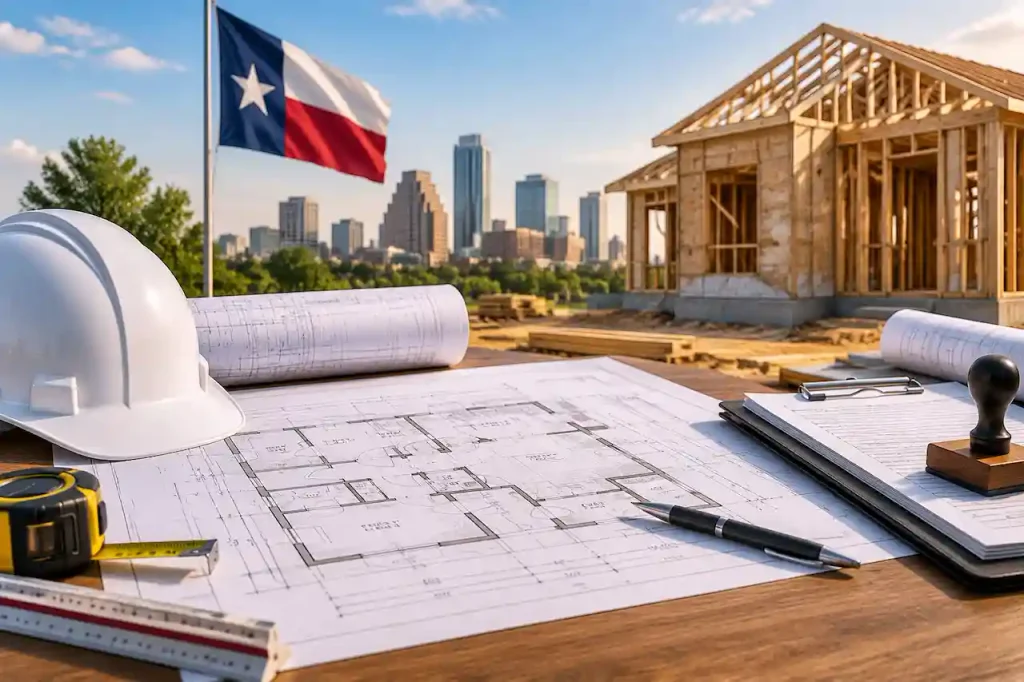 Building permit in Texas with construction plans, house blueprint, approval documents, and home development