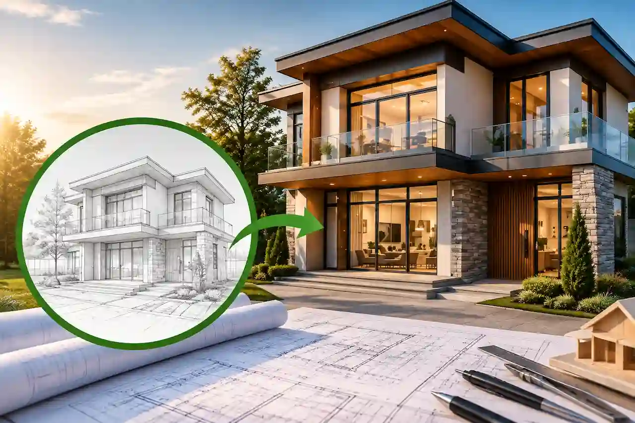 3D architectural rendering showing a residential construction project prepared for permit approval review