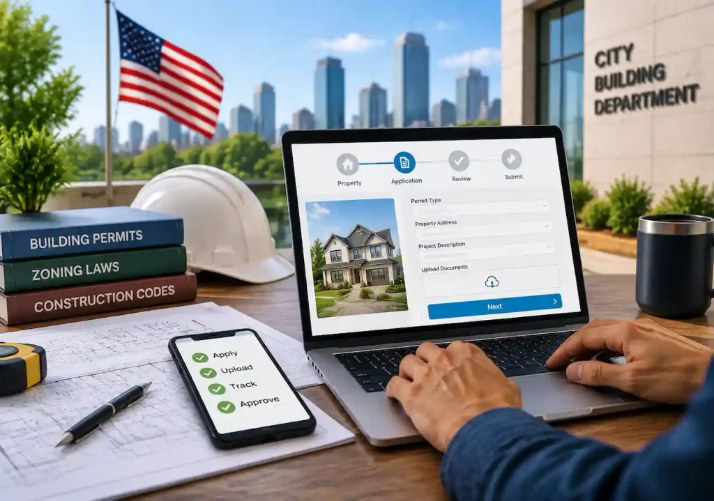 Online building permit application shown on laptop beside city building department