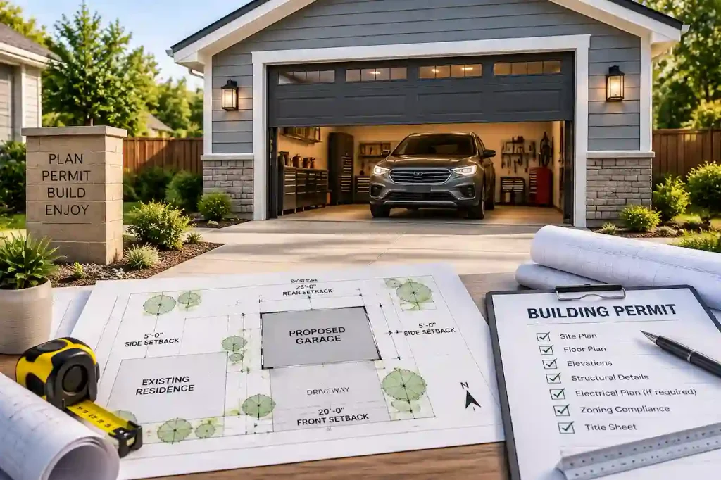 Modern garage with open door, car, site plan blueprint, and building permit documents for garage approval