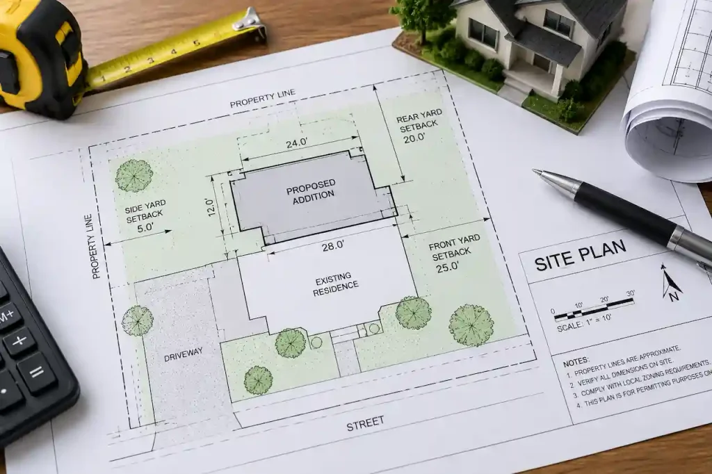 Site plan showing property boundaries, building dimensions, and setbacks