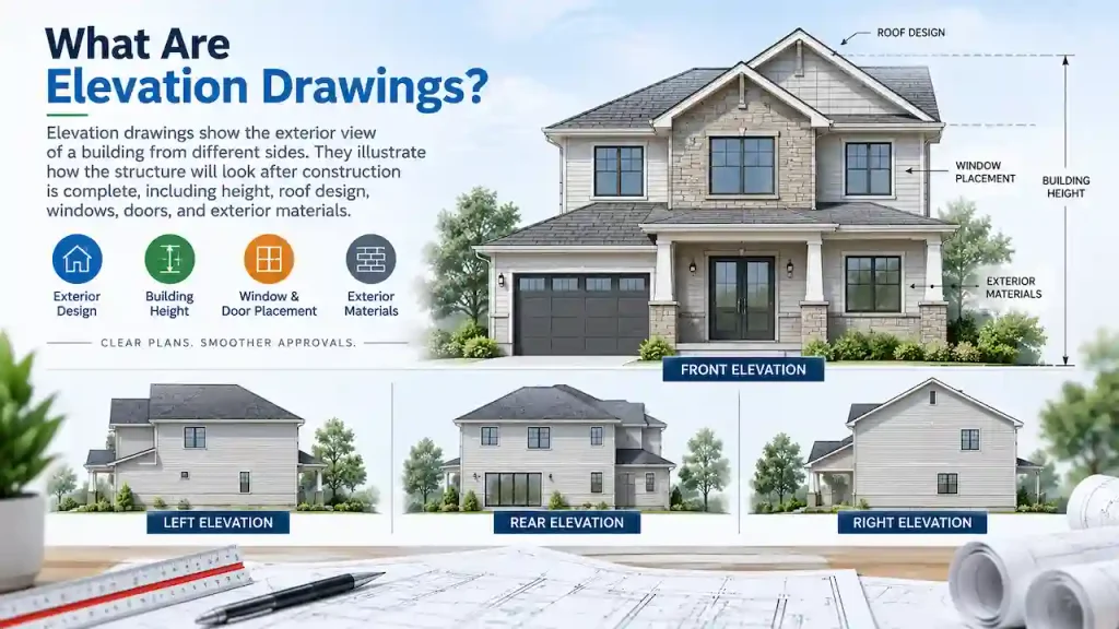 Elevation drawings showing a house exterior, roof design, building height, and windows