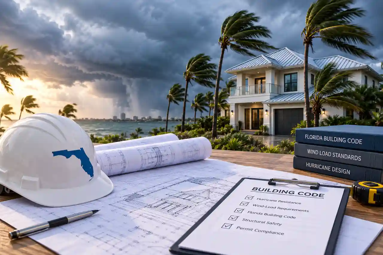 Florida hurricane and wind-load requirements illustrated with a storm-resistant home, construction blueprints, and engineering tools.