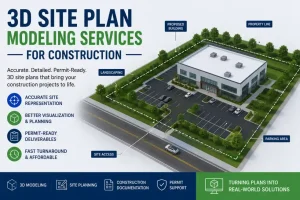 3D site plan model showing a commercial construction project.