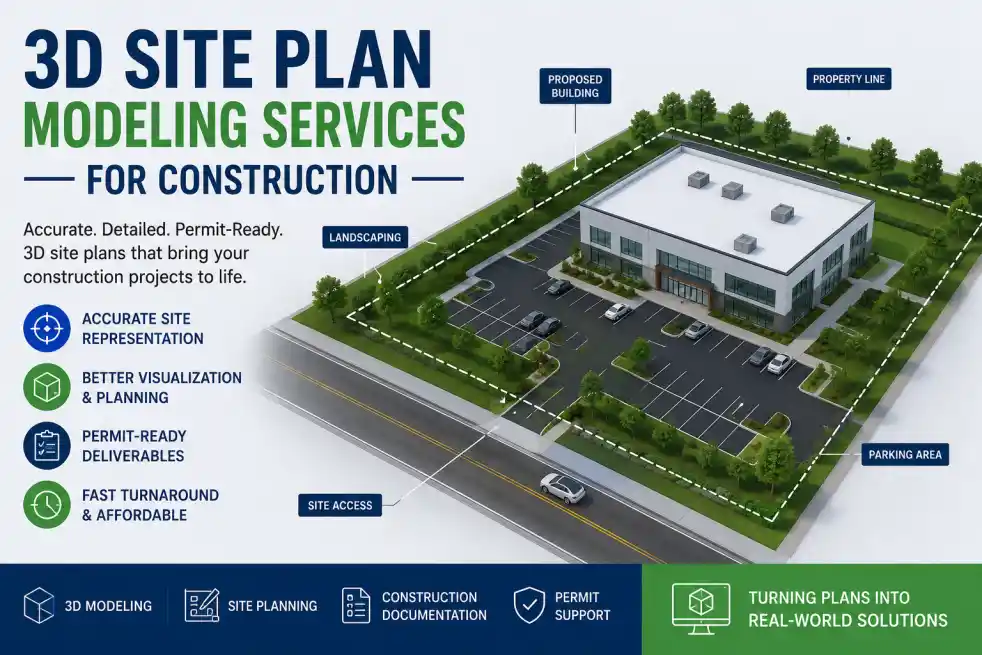 3D site plan model services showing a commercial construction project.