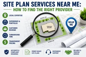 Site plan services near me illustration showing a permit-ready site plan, magnifying glass, provider selection icons, and local drafting services.