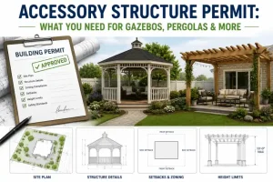 Building permit checklist with an approved permit beside a backyard gazebo and pergola, plus site plan, setback, structure detail, and height limit diagrams.
