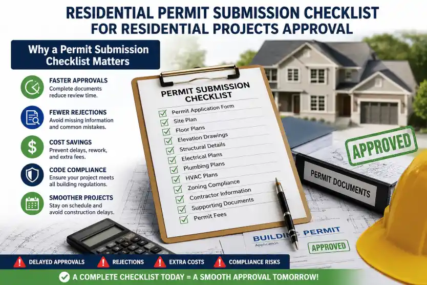 Residential permit submission checklist infographic showing permit documents, construction plans, approval requirements, and benefits of submitting a complete permit application.