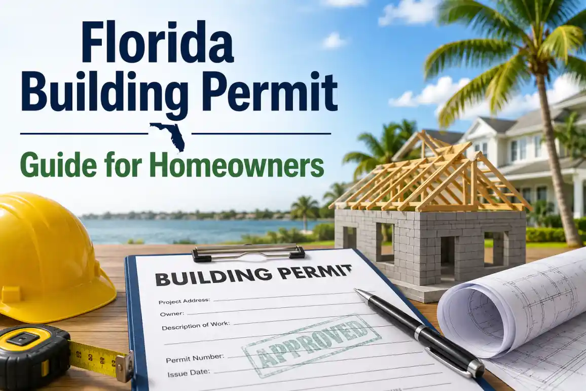 Florida building permit guide showing permit documents, house plans, construction tools, and a residential home in Florida.