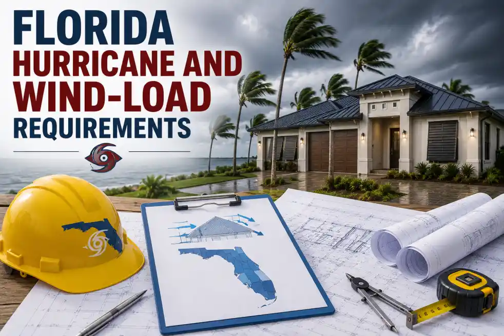 Florida hurricane and wind-load requirements illustrated with a storm-resistant home, construction blueprints, and engineering tools.