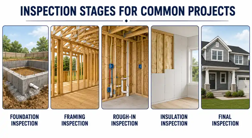 Infographic showing five common home inspection stages for residential construction projects.