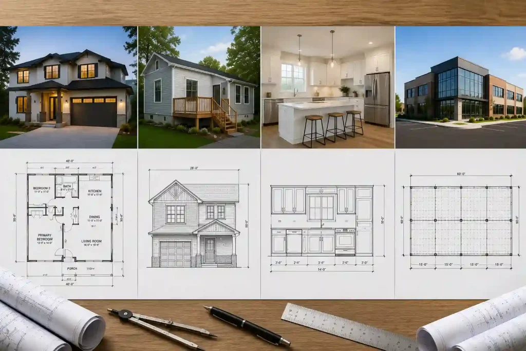 Permit drawings for residential, remodeling, addition, and commercial construction projects.
