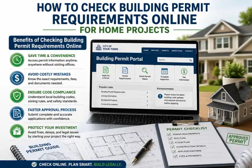 Homeowner checking building permit requirements online with permit forms, zoning information, and construction plans.