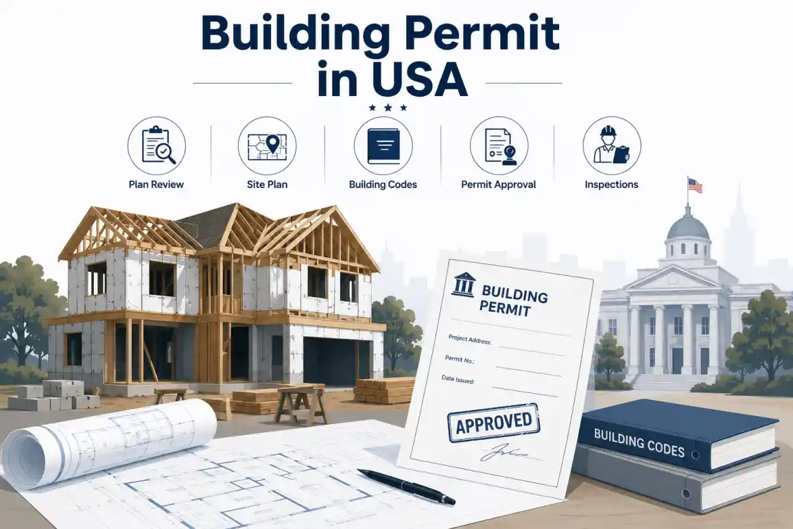 Building permit costs in the USA showing home construction, approved permit documents, building plans, inspections, and building codes.