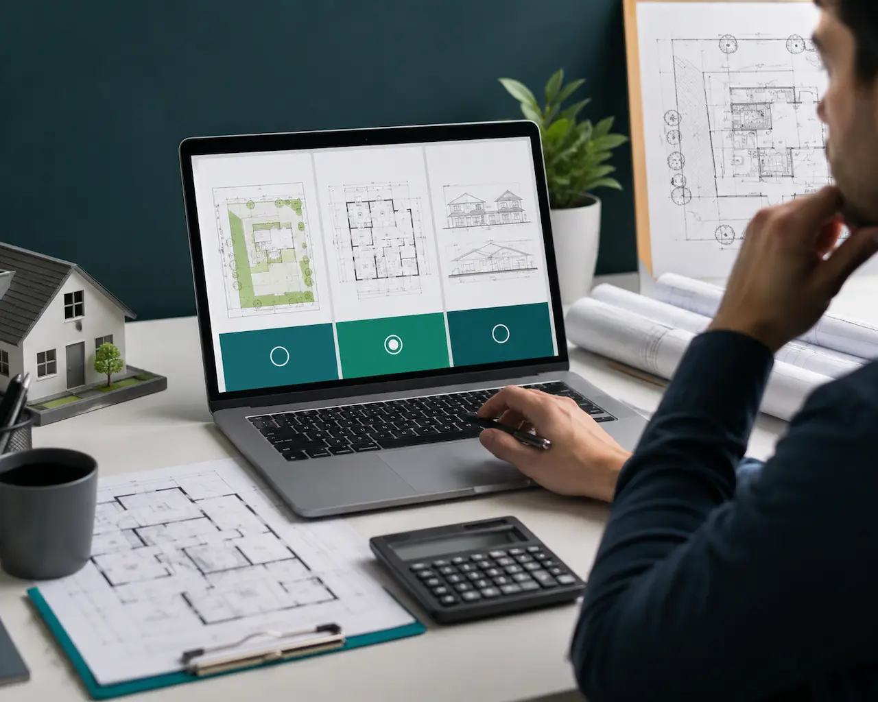Professional reviewing residential site plans and house drawings on a laptop for permit planning