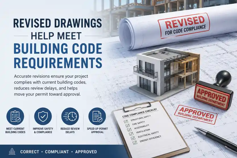 Revised permit drawings showing updated building plans, code compliance checklist, approved permit stamp, and construction plans meeting building code requirements.