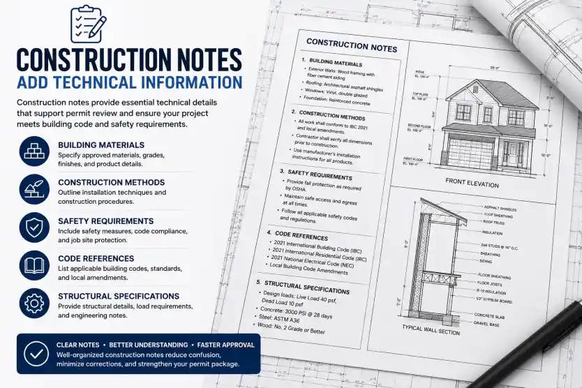 Construction notes included in a Professional Permit Drawing Package showing building materials, code references, safety requirements, and technical specifications for permit approval.
