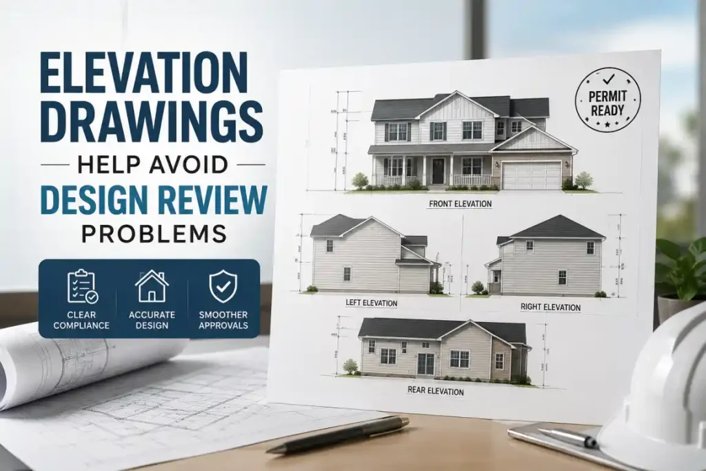 Professional elevation drawings showing front, rear, and side views of a residential home for building permit approval and design review.