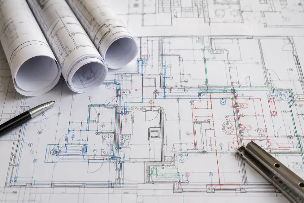 Mechanical, electrical, and plumbing construction permit drawings showing HVAC layouts, electrical wiring, plumbing systems, and technical building plans for permit approval.
