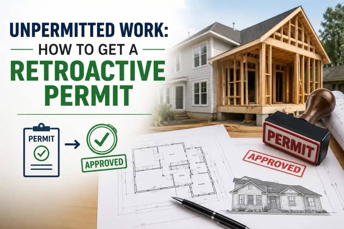 Retroactive permit unpermitted work illustration showing a homeowner obtaining a retroactive permit with site plans, construction drawings, and permit approval documents.