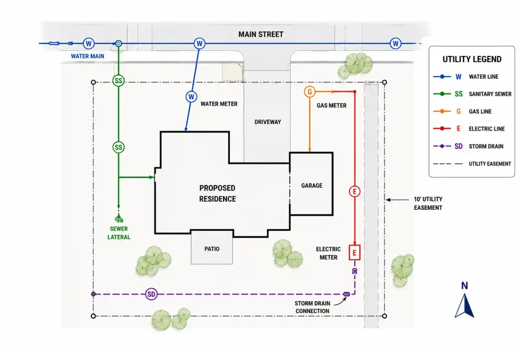 Utility connections site plan showing water, sewer, gas, electric, storm drain, and utility easement layout for a residential property.
