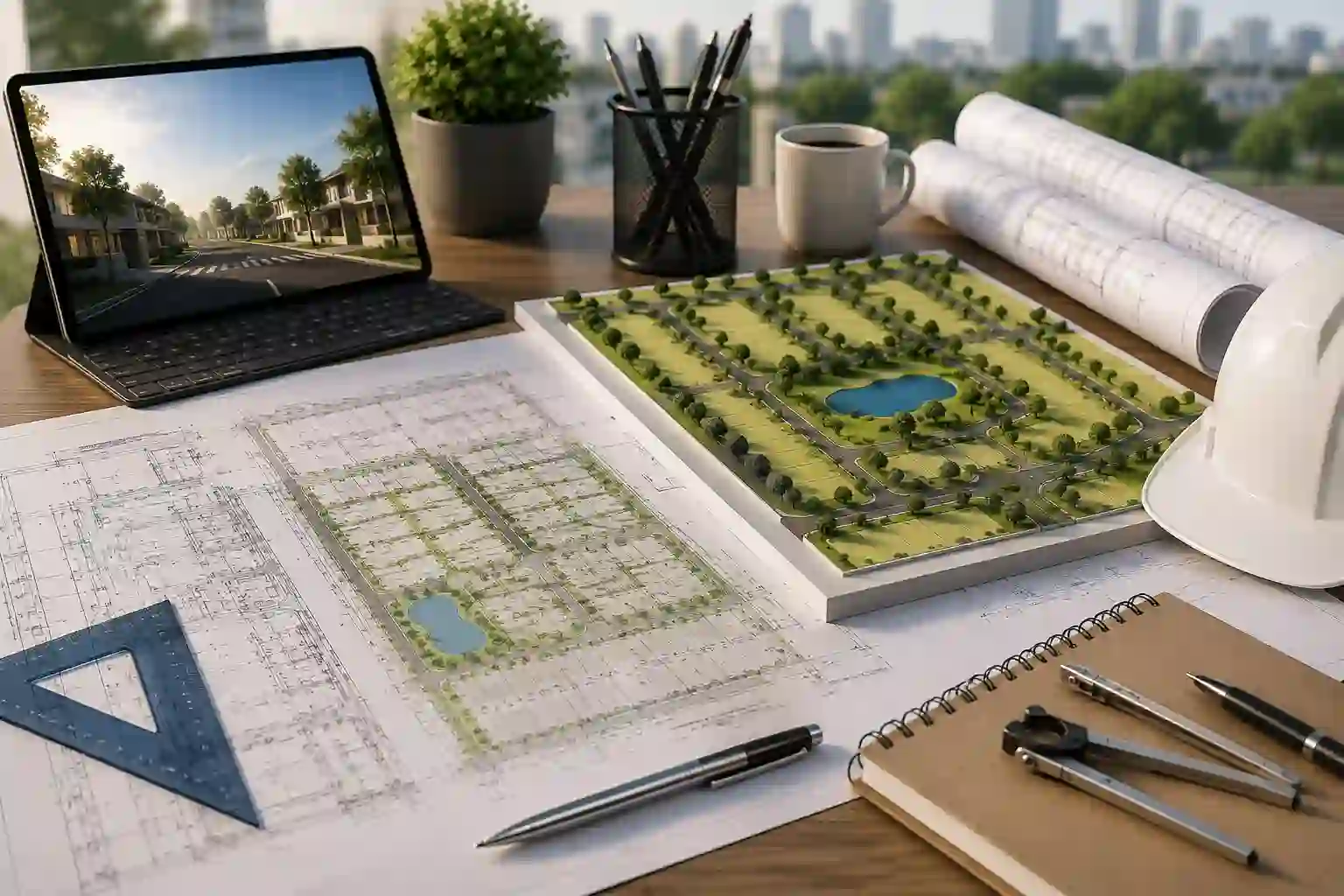 Subdivision design plan with residential lot layout, blueprints, model house, and planning tools for developers.