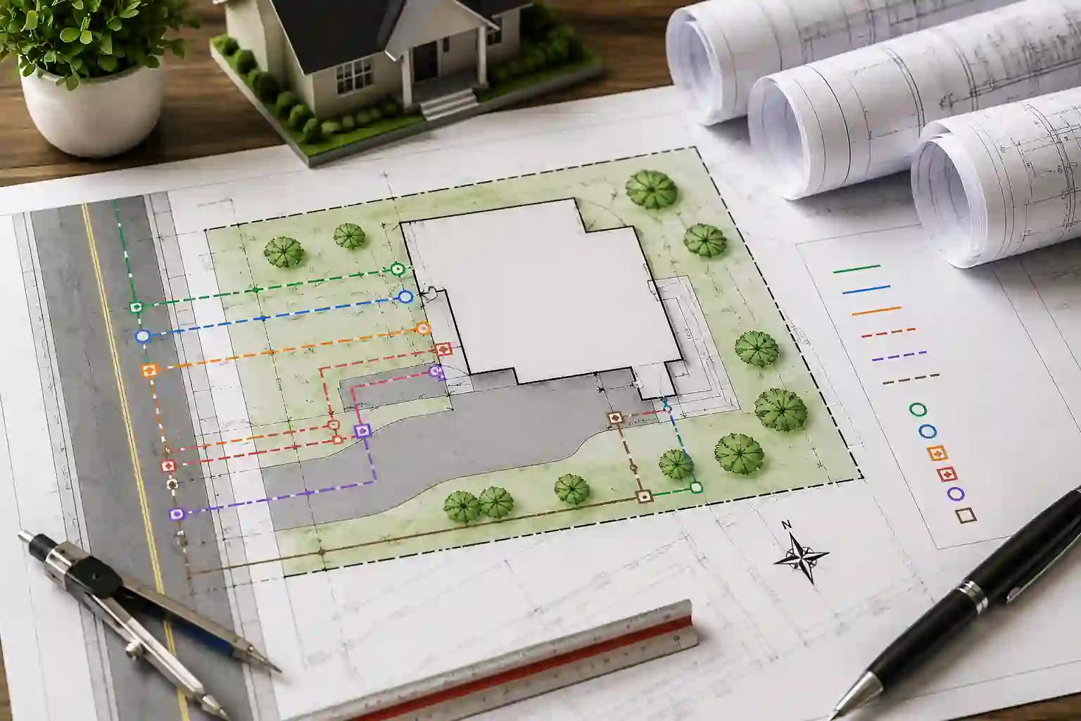 Utility connections site plan showing property lines, and utility legend.