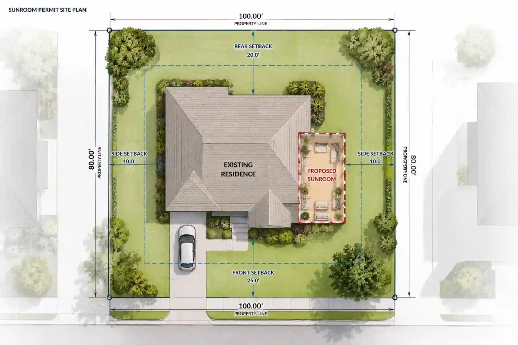 Sunroom permit site plan showing front, rear, and side setback requirements