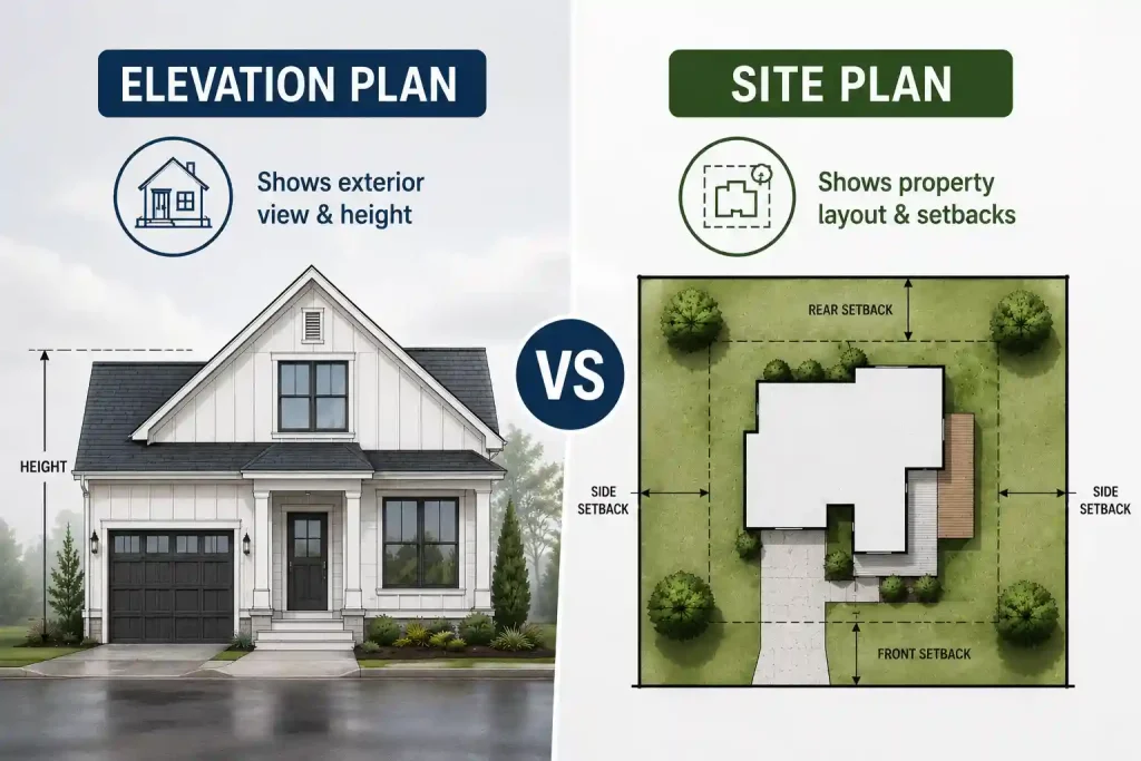 Elevation plan vs site plan comparison showing a house front elevation beside a property site plan with setbacks and layout.