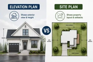 Elevation plan vs site plan comparison showing a house front elevation beside a property site plan with setbacks and layout.