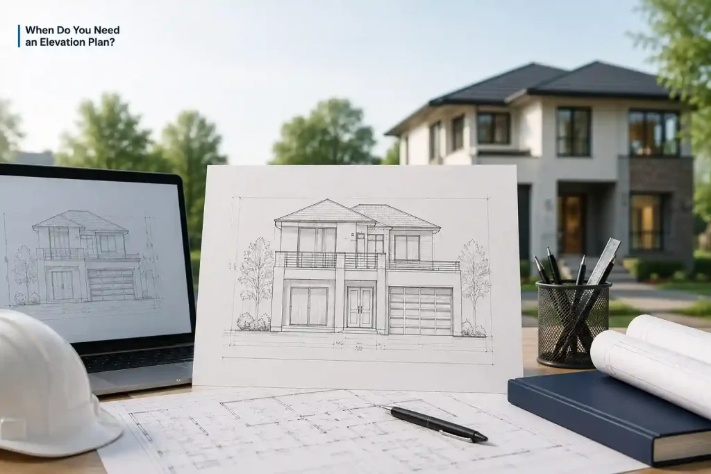 Architectural elevation plan drawing on a desk with a modern house in the background, showing when you need an elevation plan for a building permit.