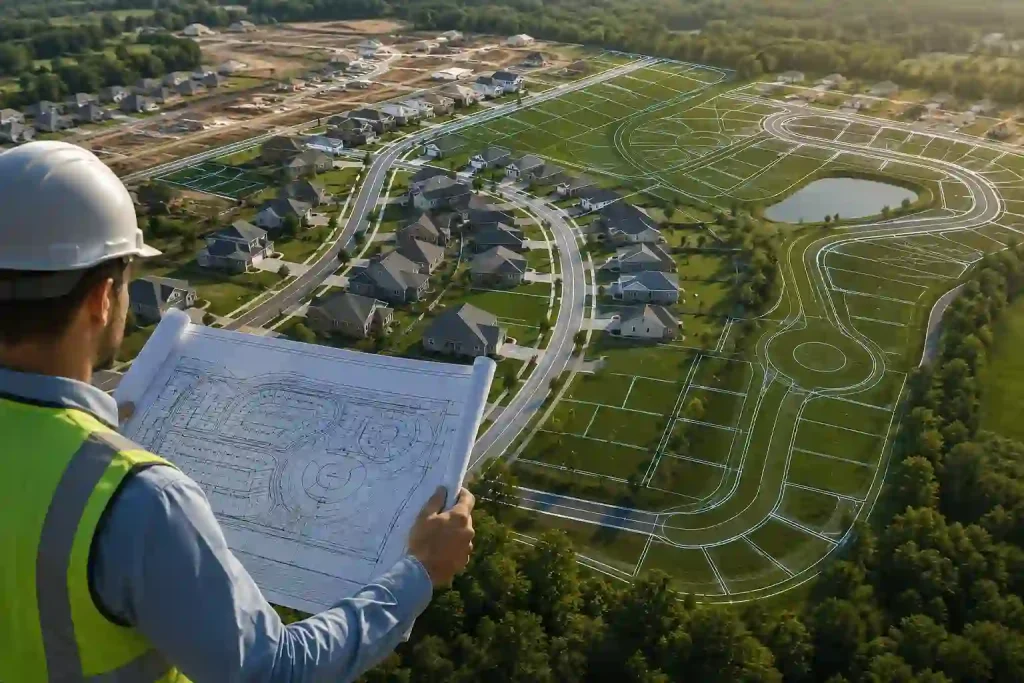 Subdivision design site plan showing a residential community layout with roads, lots, green spaces, and an engineer reviewing development plans.