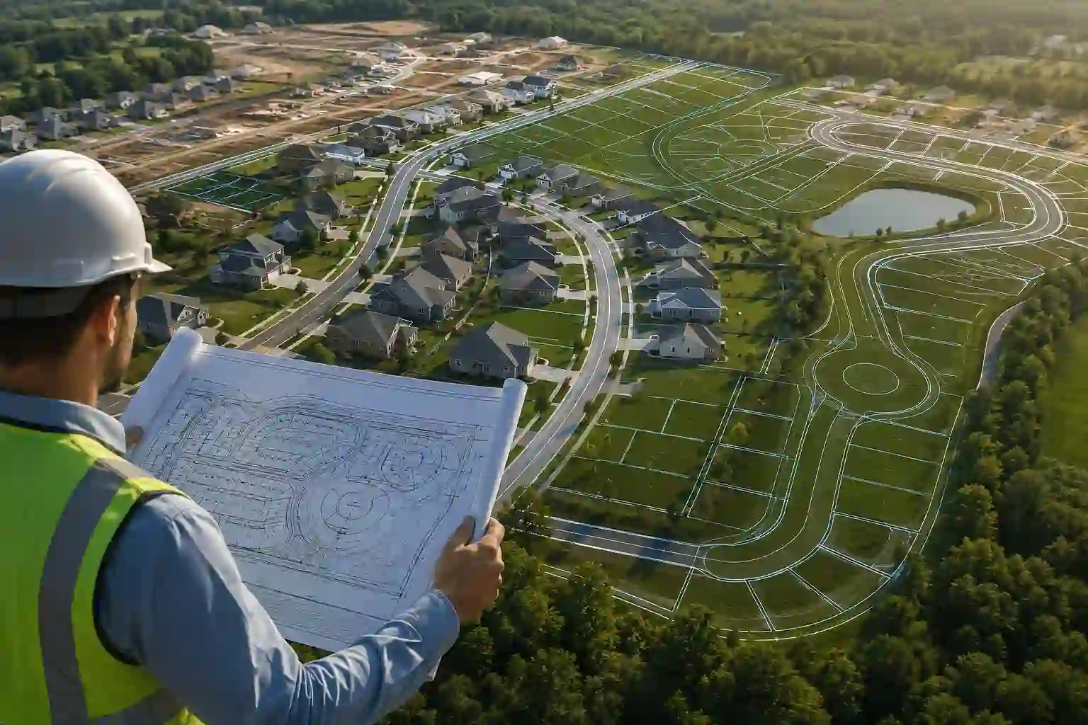 Subdivision design site plan showing a residential community layout with roads, lots, green spaces, and an engineer reviewing development plans.