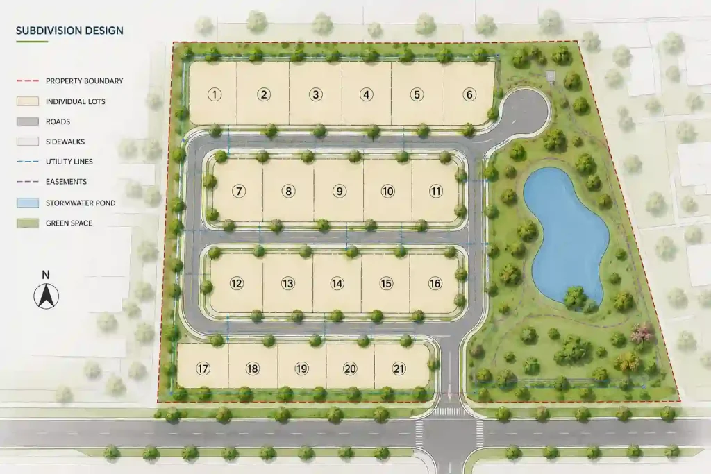 Subdivision design site plan showing property boundaries, individual lots, roads, sidewalks, utility lines, stormwater pond, easements, and green space.