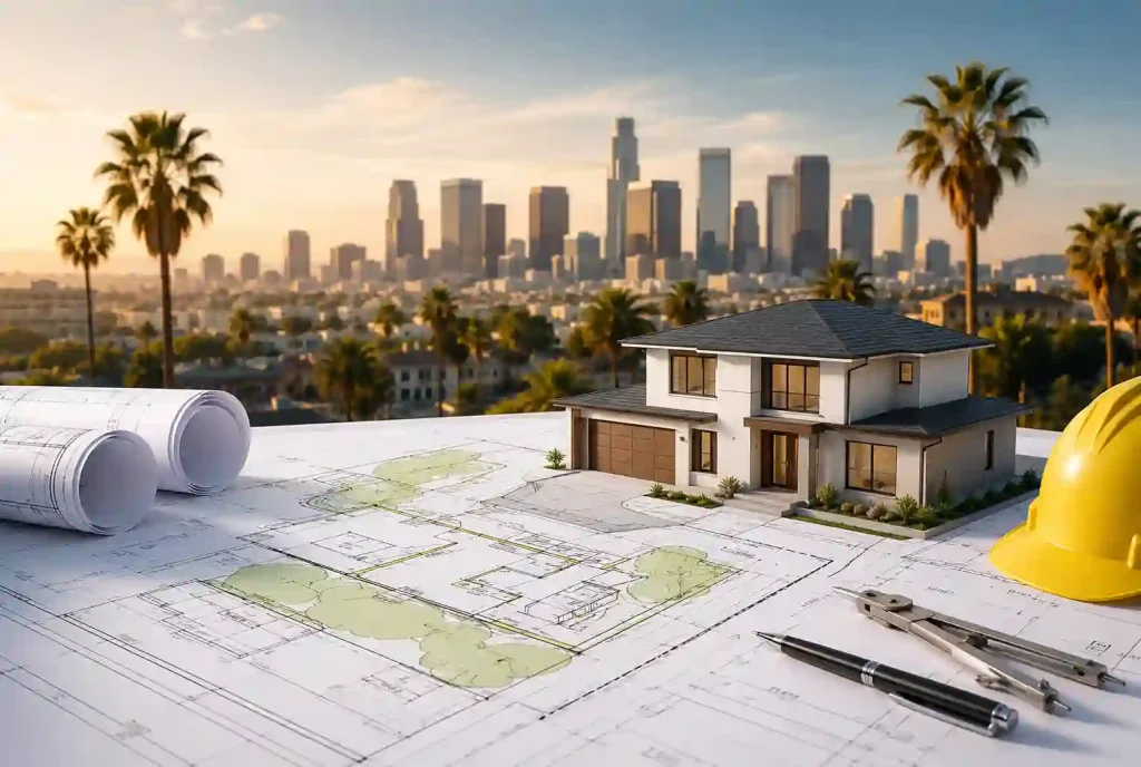 Los Angeles site plan permit illustration showing residential property plans with the Los Angeles skyline in the background