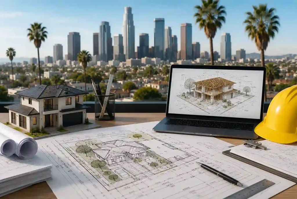 Los Angeles site plan permit process with architectural plans, construction documents, and the Los Angeles skyline