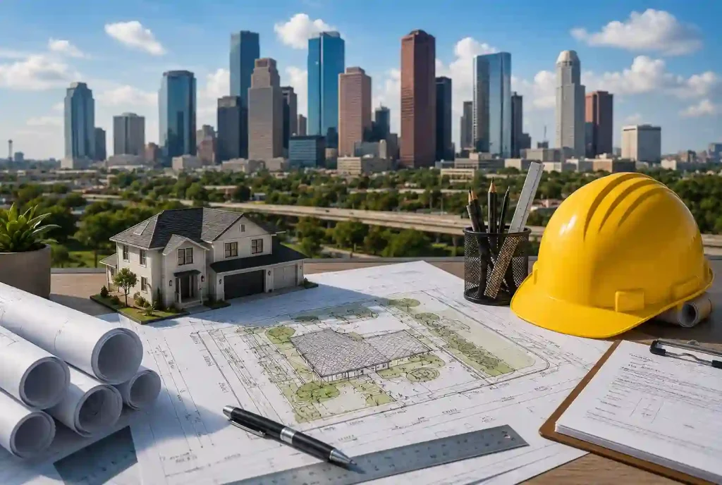 Houston site plan permit illustration featuring architectural plans, construction documents, and the Houston skyline