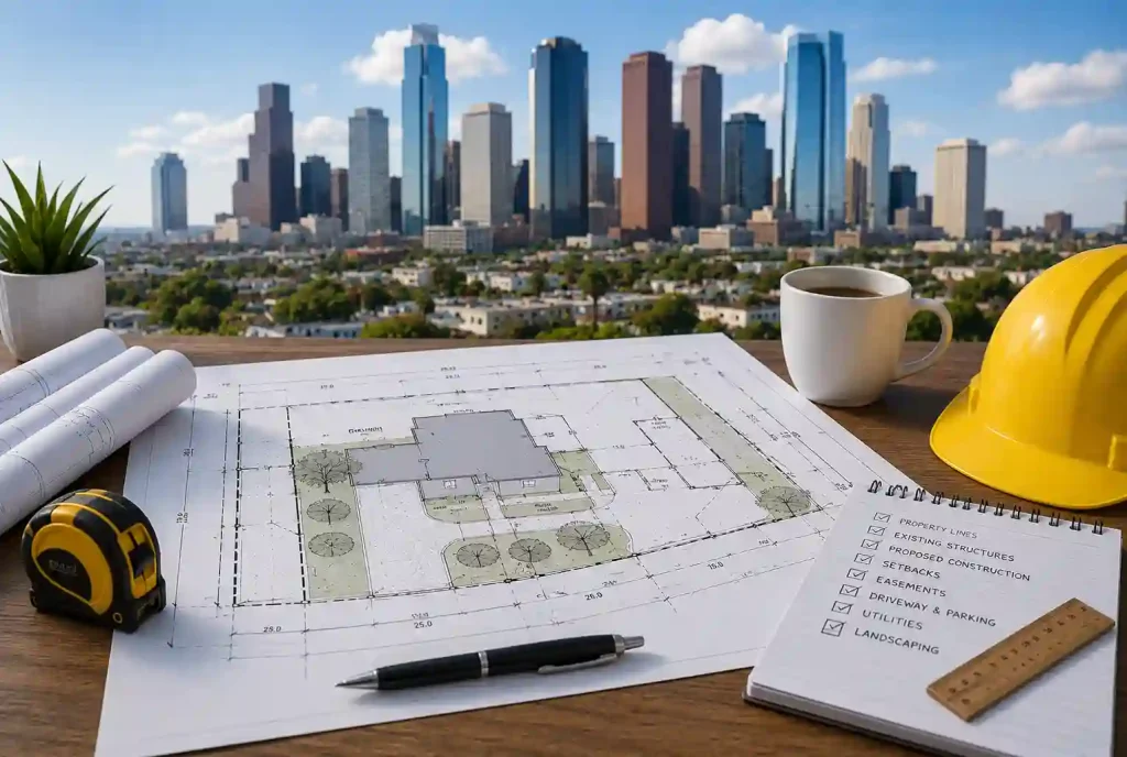 Houston site plan permit showing property boundaries, setbacks, existing structures, utilities, and driveway layout