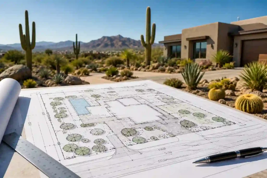 Phoenix site plan permit showing property boundaries, setbacks, easements, utilities, and proposed construction