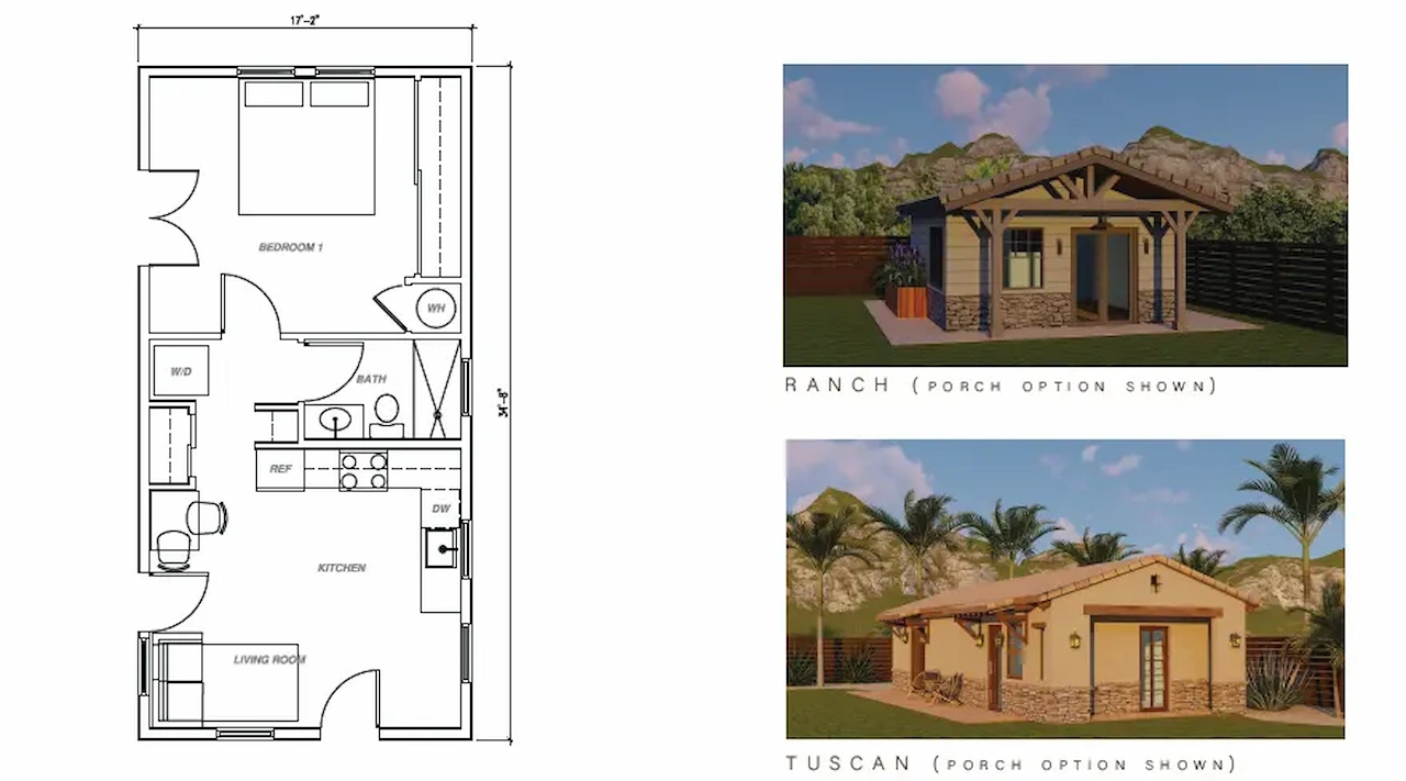 ADU floor plan with one bedroom, kitchen, bathroom, living room, and exterior ranch and Tuscan elevation designs.