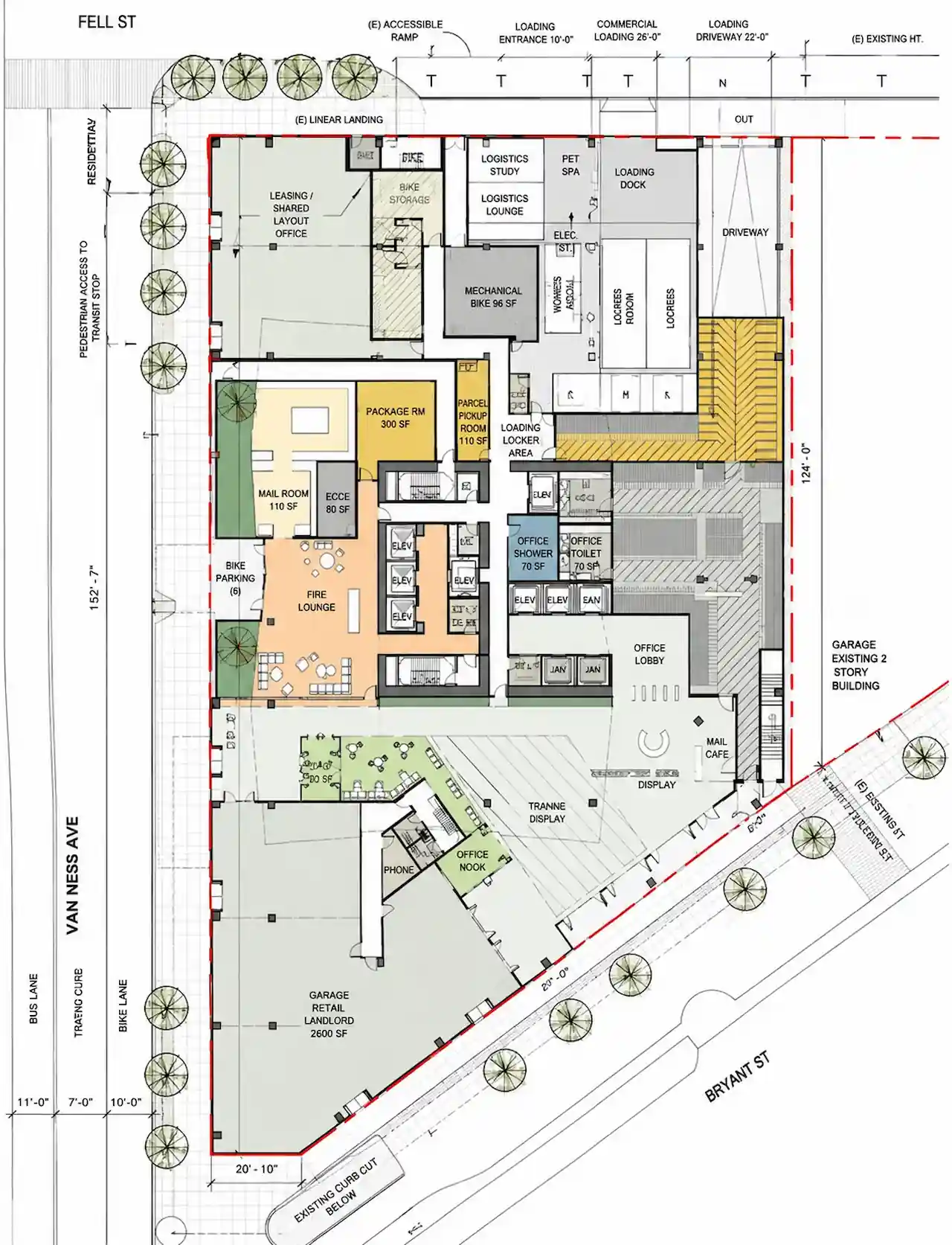 Commercial site plan showing office spaces, loading dock, parking, mail room, bike storage, and building layout for permit approval.