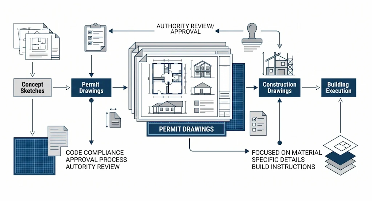 Permit drawings workflow showing concept sketches, permit approval, construction drawings, and building execution process.