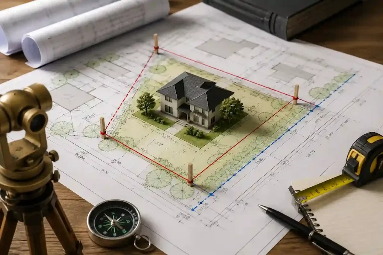 Residential site plan with a house model, property boundaries, survey equipment, and measuring tools for permit planning.